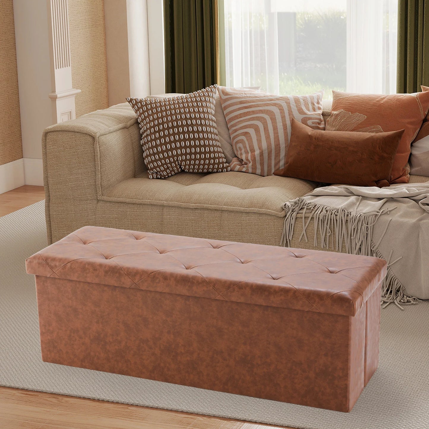 Foldable Ottoman with Leather Finish for Storage