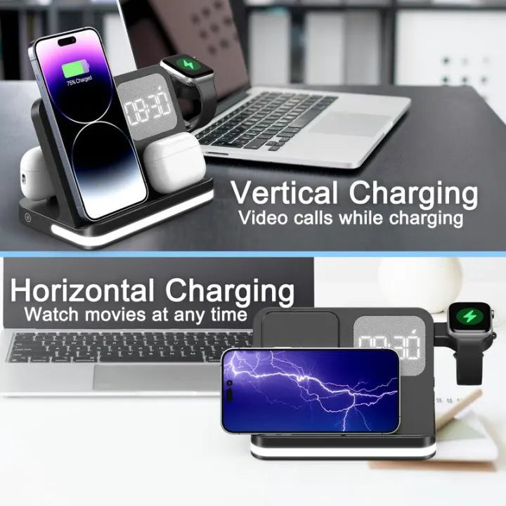 Wireless Charging Station with LED Clock – 6 Functions