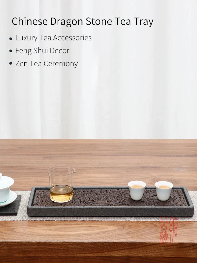 Tea Serving Tray in Volcanic Basalt with Dragon Design