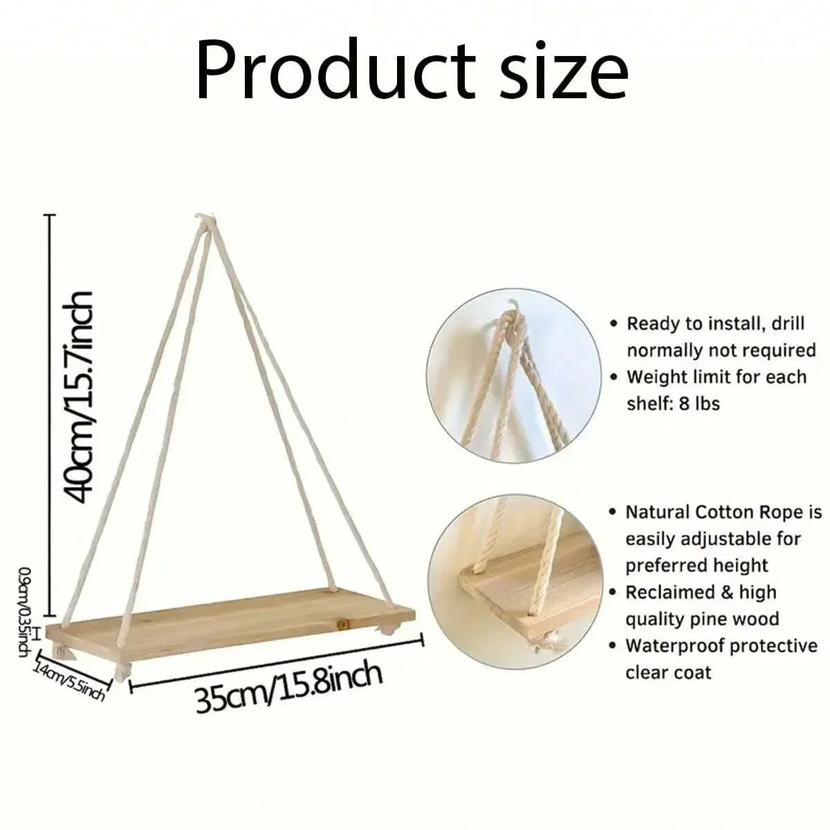 Hanging Shelf with Hemp Rope and Wooden Design