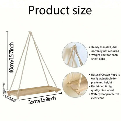 Hanging Shelf with Hemp Rope and Wooden Design
