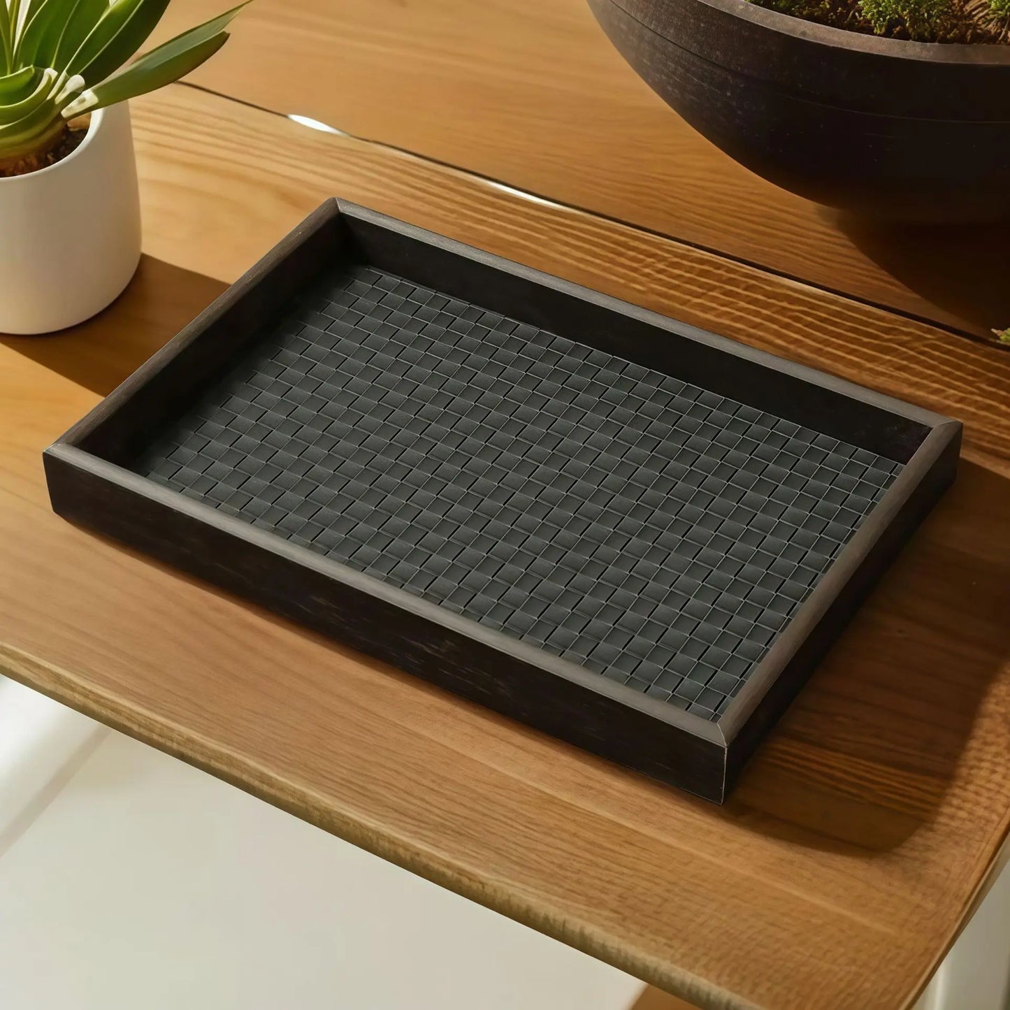 Faux Leather Storage Tray with Woven Design