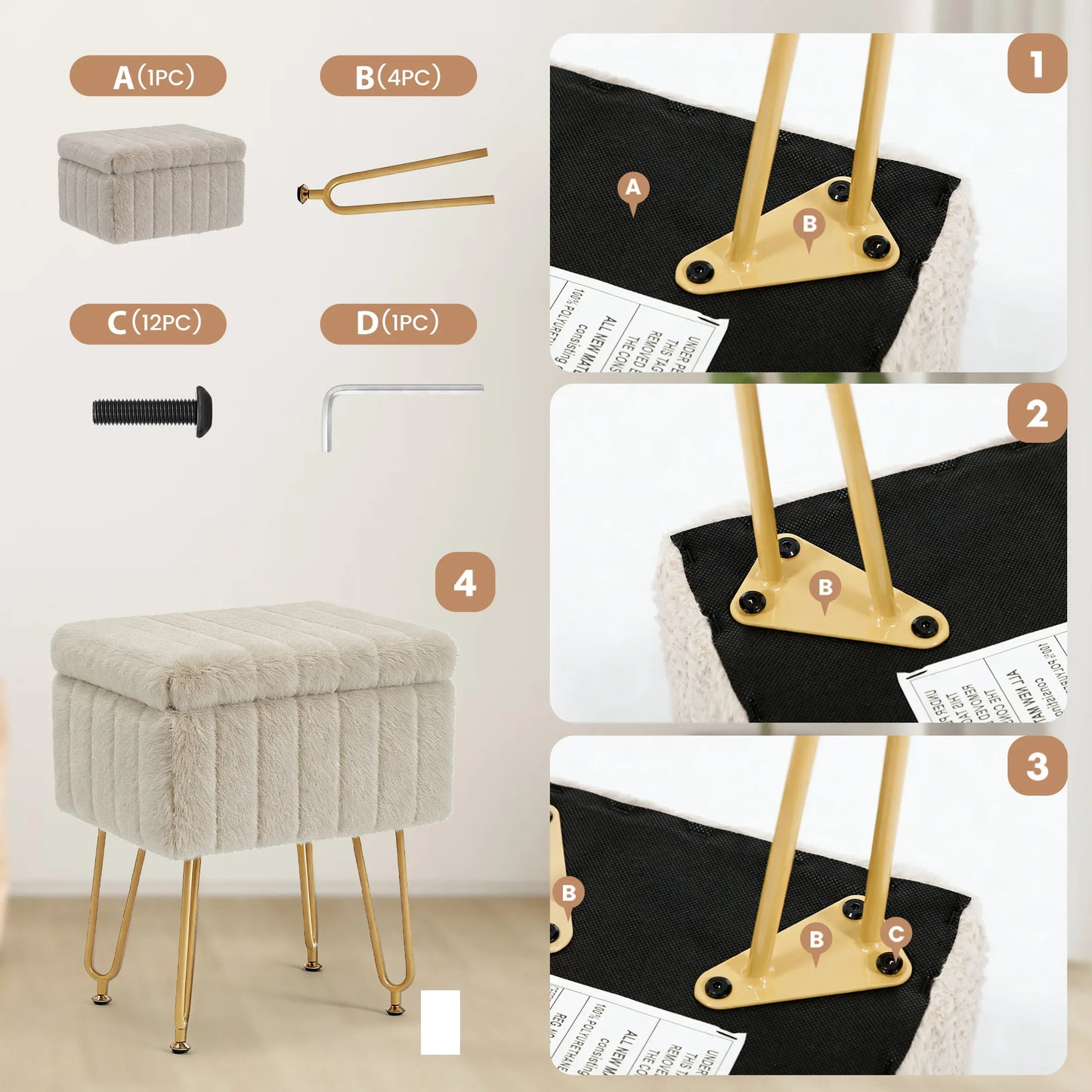Vanity Stool with Faux Fur Upholstery for Storage