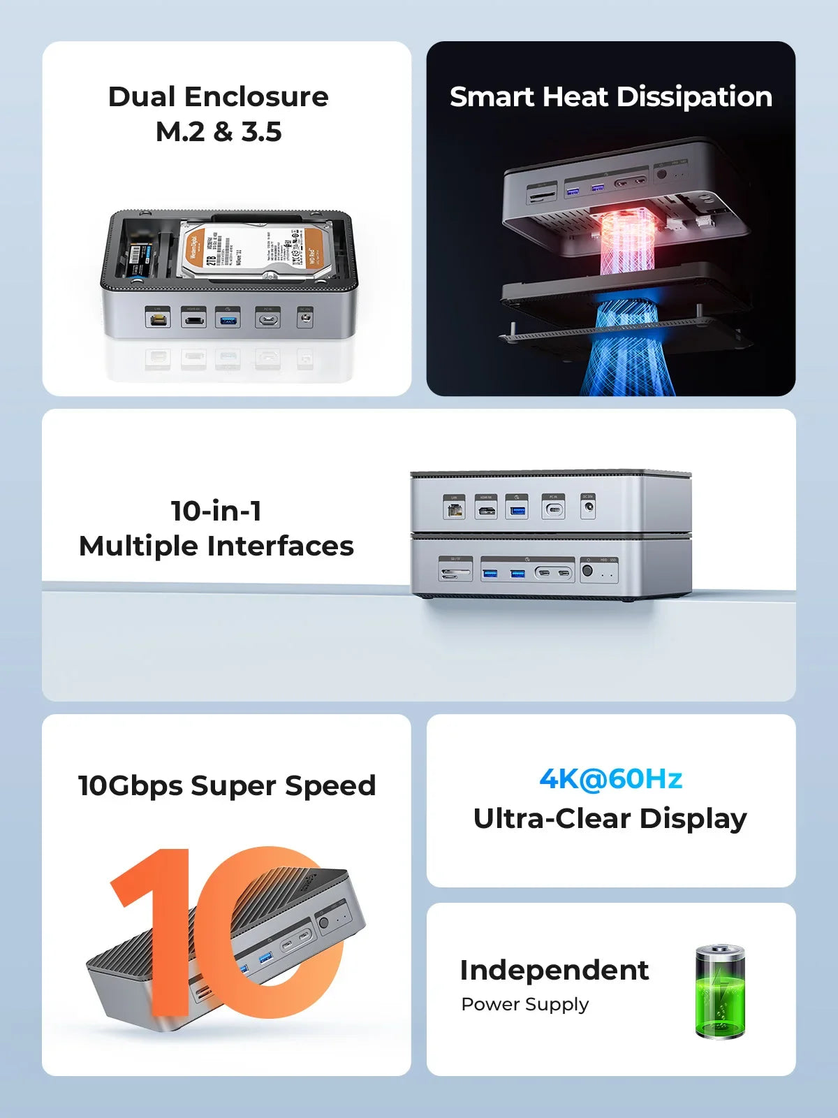 USB Hub with 10 Ports and Multiple Connection Options