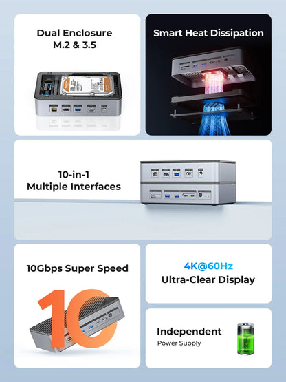 USB Hub with 10 Ports and Multiple Connection Options