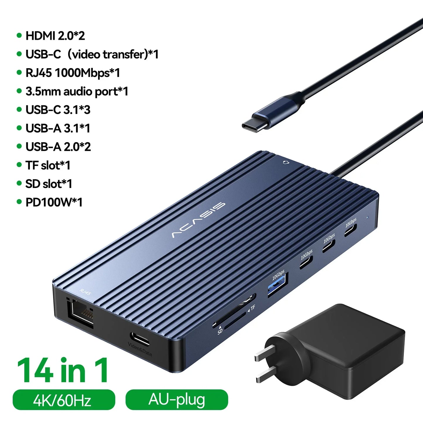 14-Port Docking Station with 1 USB-C and 13 USB-A Connectors