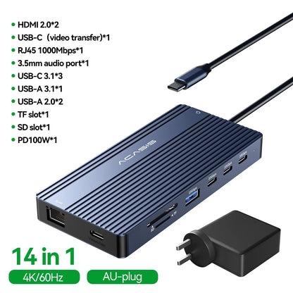 14-Port Docking Station with 1 USB-C and 13 USB-A Connectors