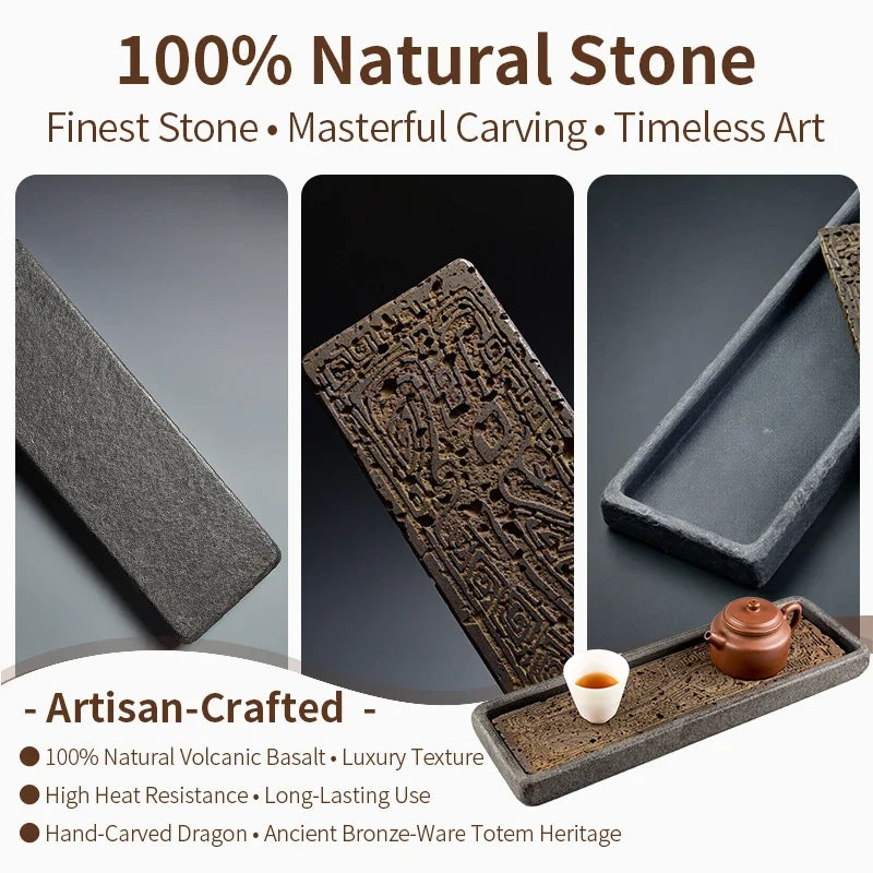 Tea Serving Tray in Volcanic Basalt with Dragon Design