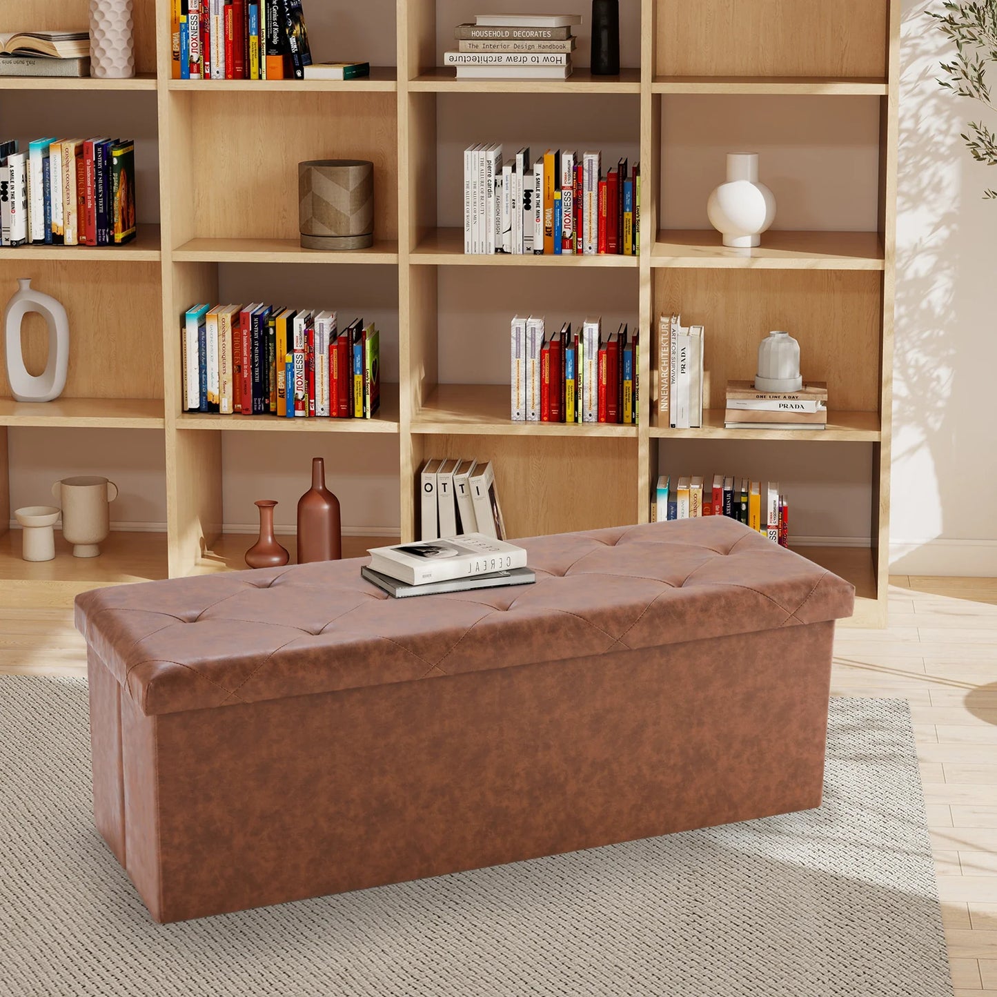 Foldable Ottoman with Leather Finish for Storage