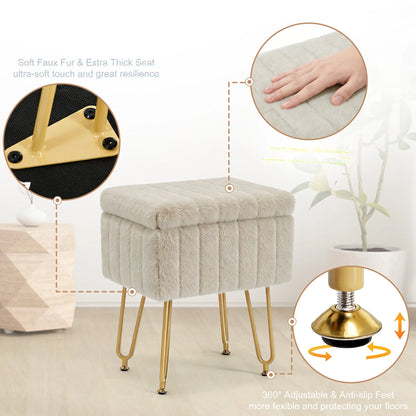 Vanity Stool with Faux Fur Upholstery for Storage