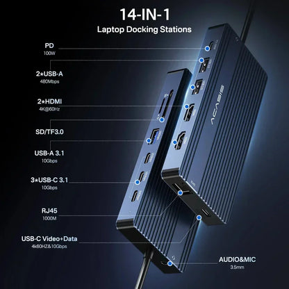 14-Port Docking Station with 1 USB-C and 13 USB-A Connectors