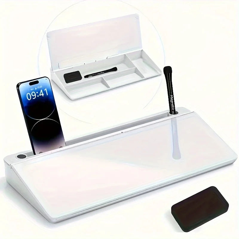 Whiteboard with Storage on Glass Desk