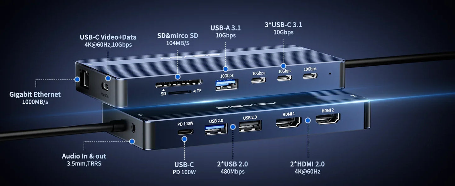 14-Port Docking Station with 1 USB-C and 13 USB-A Connectors