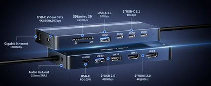 14-Port Docking Station with 1 USB-C and 13 USB-A Connectors