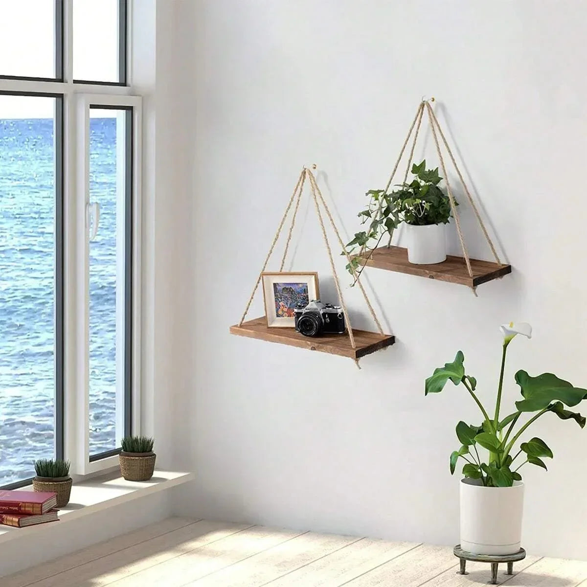 Hanging Shelf with Hemp Rope and Wooden Design