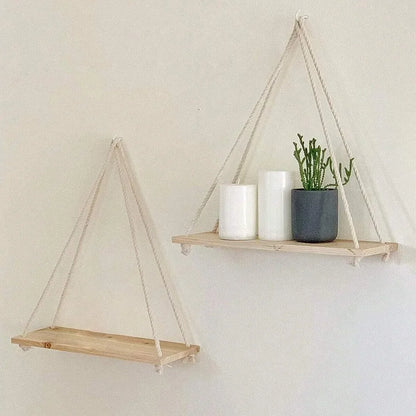 Hanging Shelf with Hemp Rope and Wooden Design