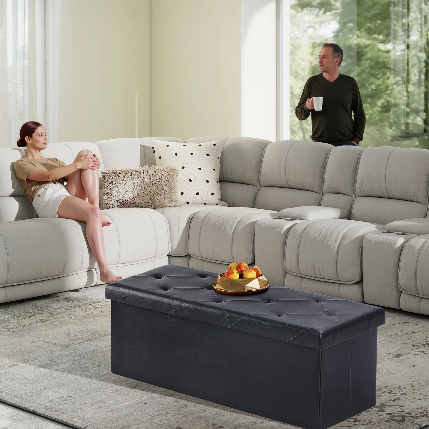 Foldable Ottoman with Leather Finish for Storage