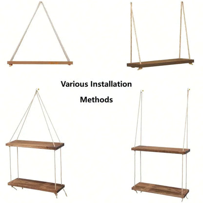 Hanging Shelf with Hemp Rope and Wooden Design