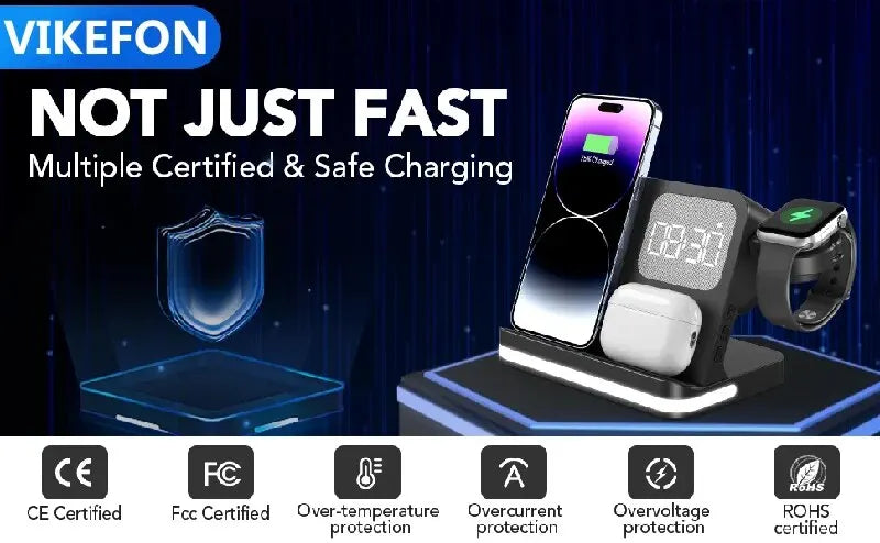 Wireless Charging Station with LED Clock – 6 Functions
