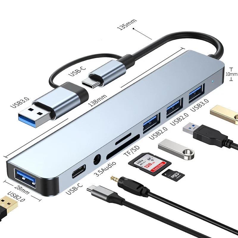 Multi-Function USB-C Hub with 8 Ports