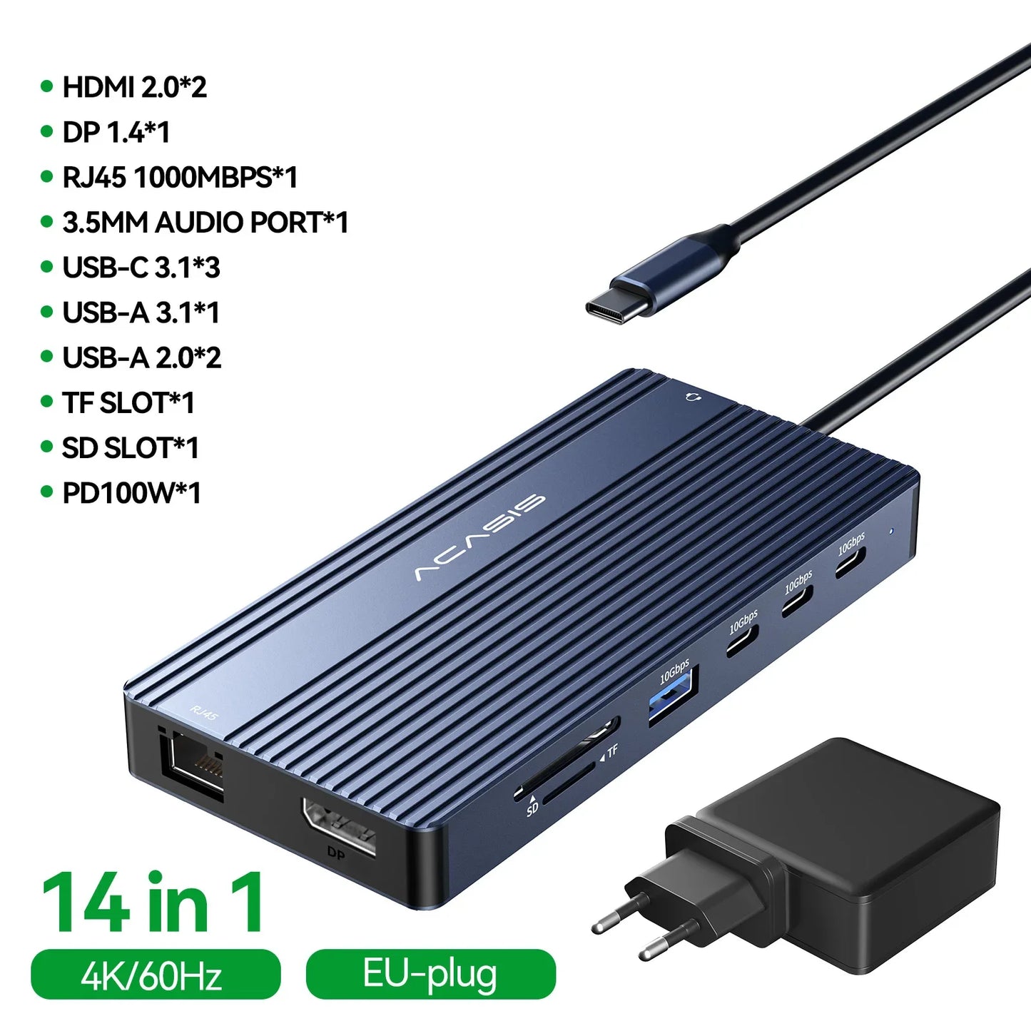 14-Port Docking Station with 1 USB-C and 13 USB-A Connectors