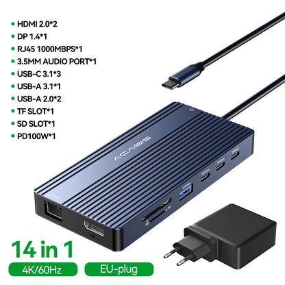 14-Port Docking Station with 1 USB-C and 13 USB-A Connectors