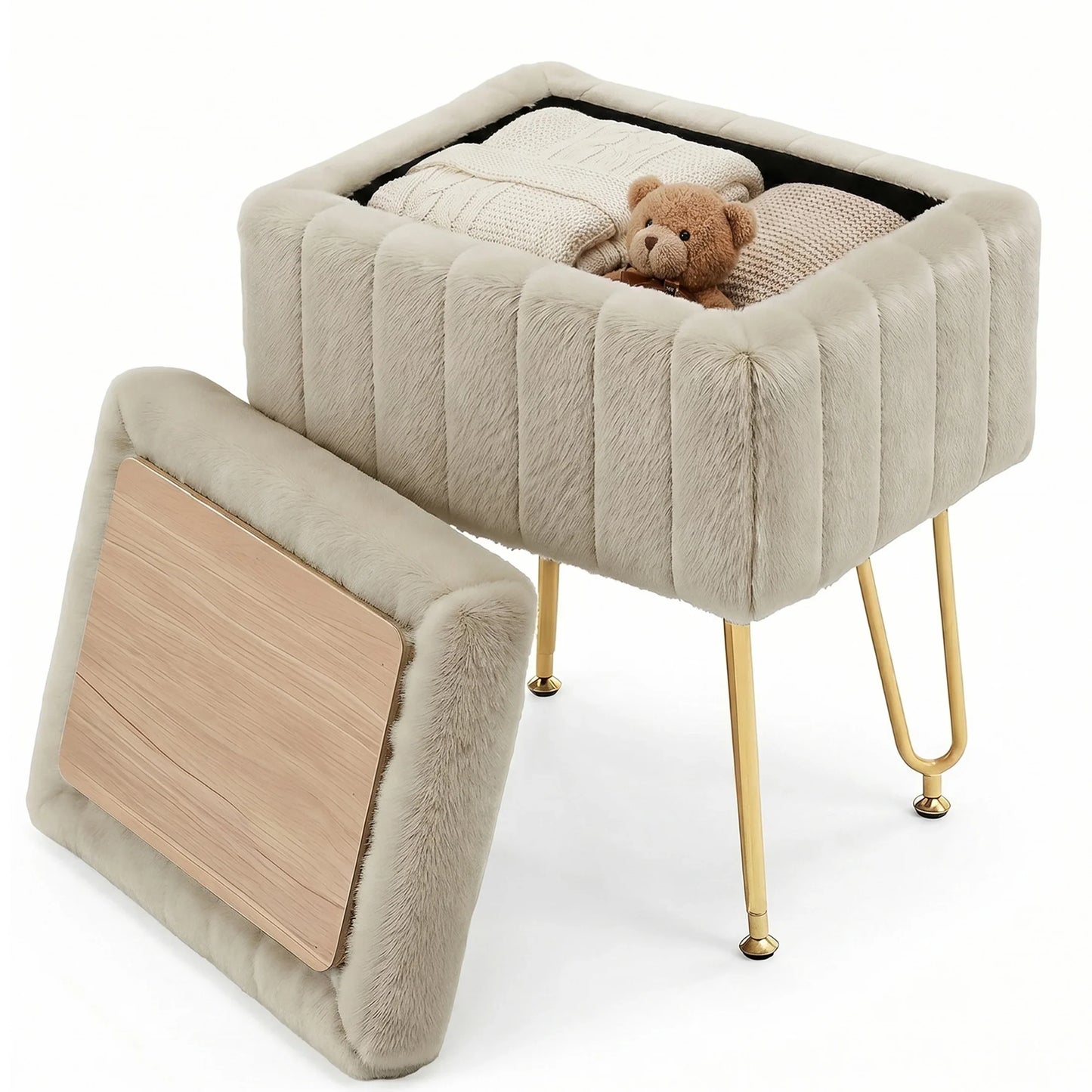 Vanity Stool with Faux Fur Upholstery for Storage