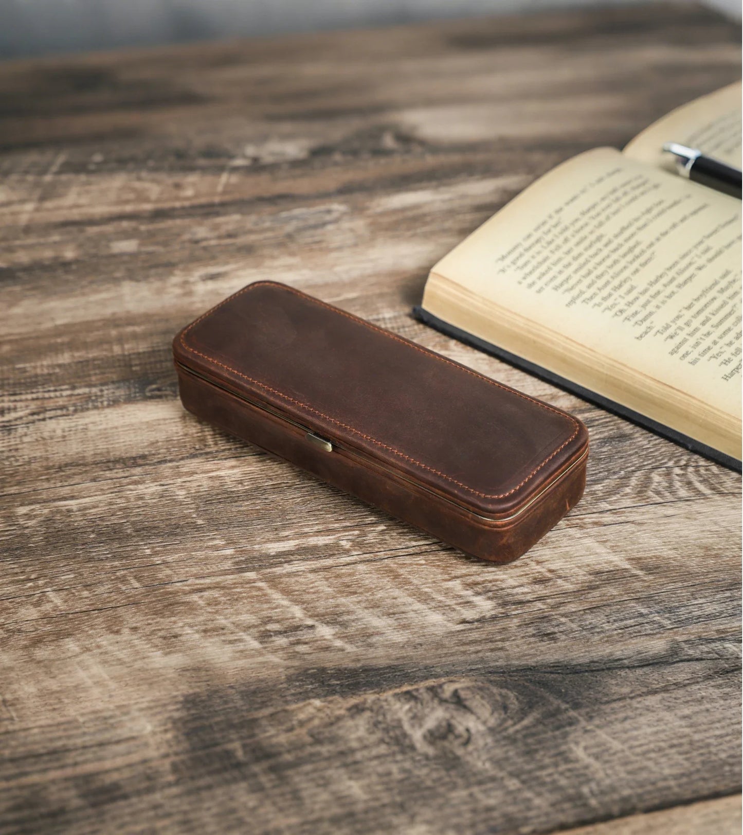 Leather Pen Holder with Three Compartments in Vintage Design