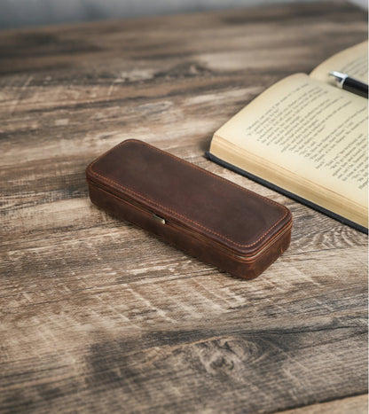 Leather Pen Holder with Three Compartments in Vintage Design