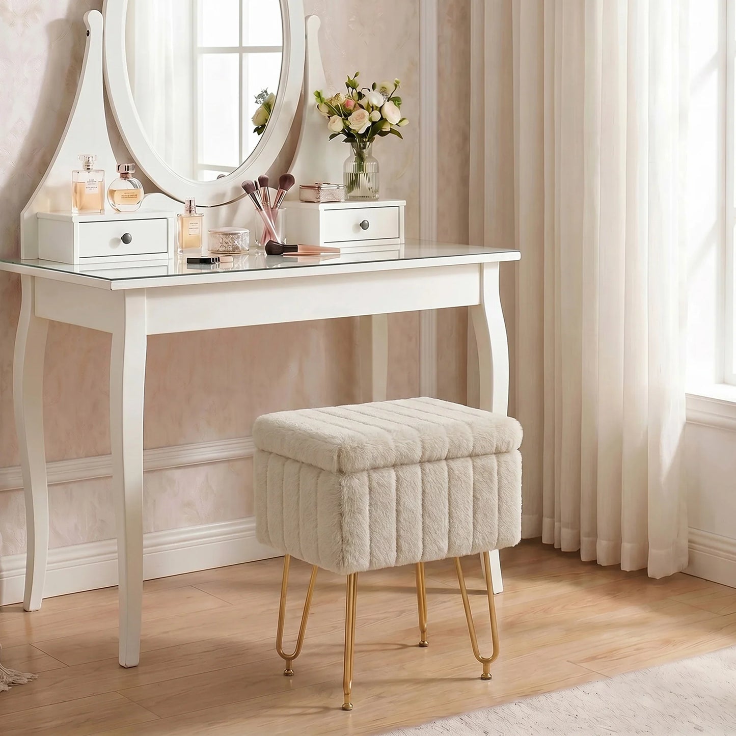 Vanity Stool with Faux Fur Upholstery for Storage