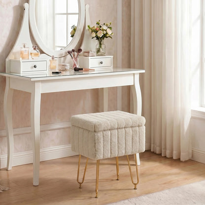 Vanity Stool with Faux Fur Upholstery for Storage
