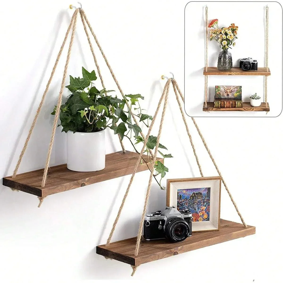 Hanging Shelf with Hemp Rope and Wooden Design
