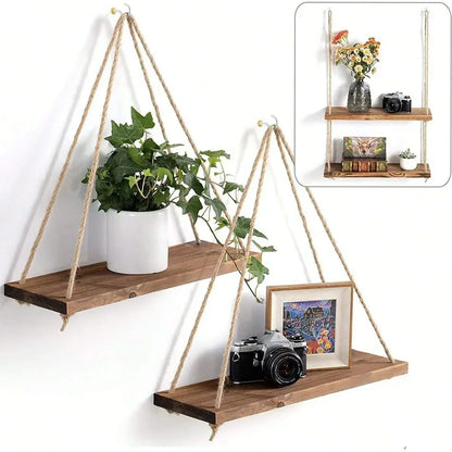 Hanging Shelf with Hemp Rope and Wooden Design