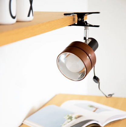 Adjustable Clip-On Desk Spotlight Lamp in Wood and Metal