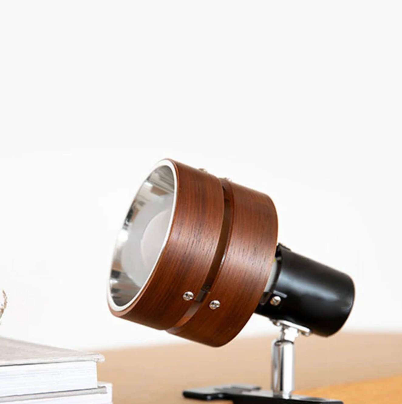 Adjustable Clip-On Desk Spotlight Lamp in Wood and Metal