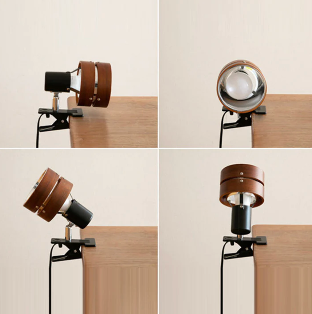 Adjustable Clip-On Desk Spotlight Lamp in Wood and Metal