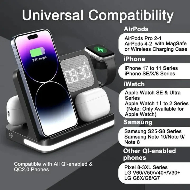 Wireless Charging Station with LED Clock – 6 Functions