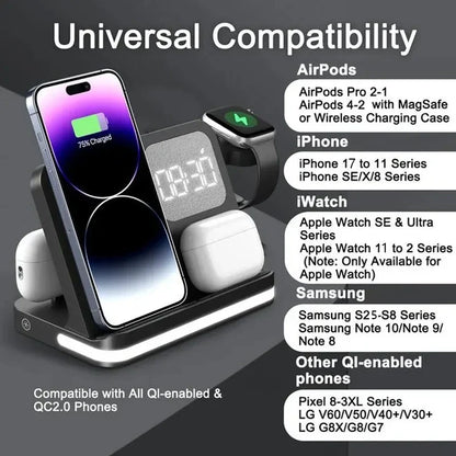 Wireless Charging Station with LED Clock – 6 Functions