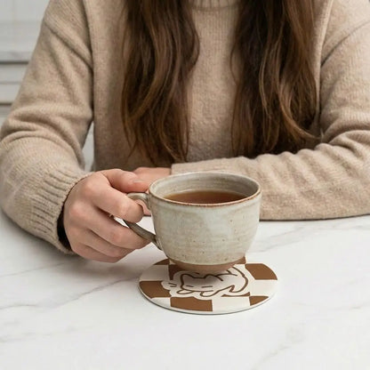 Diatomaceous Earth Coaster with Cartoon Cat Design