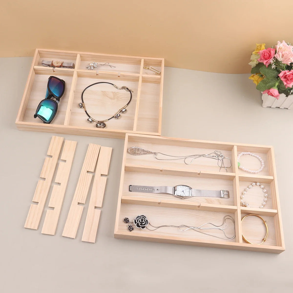 Display Wooden Jewelry Organizer with Tiered Design