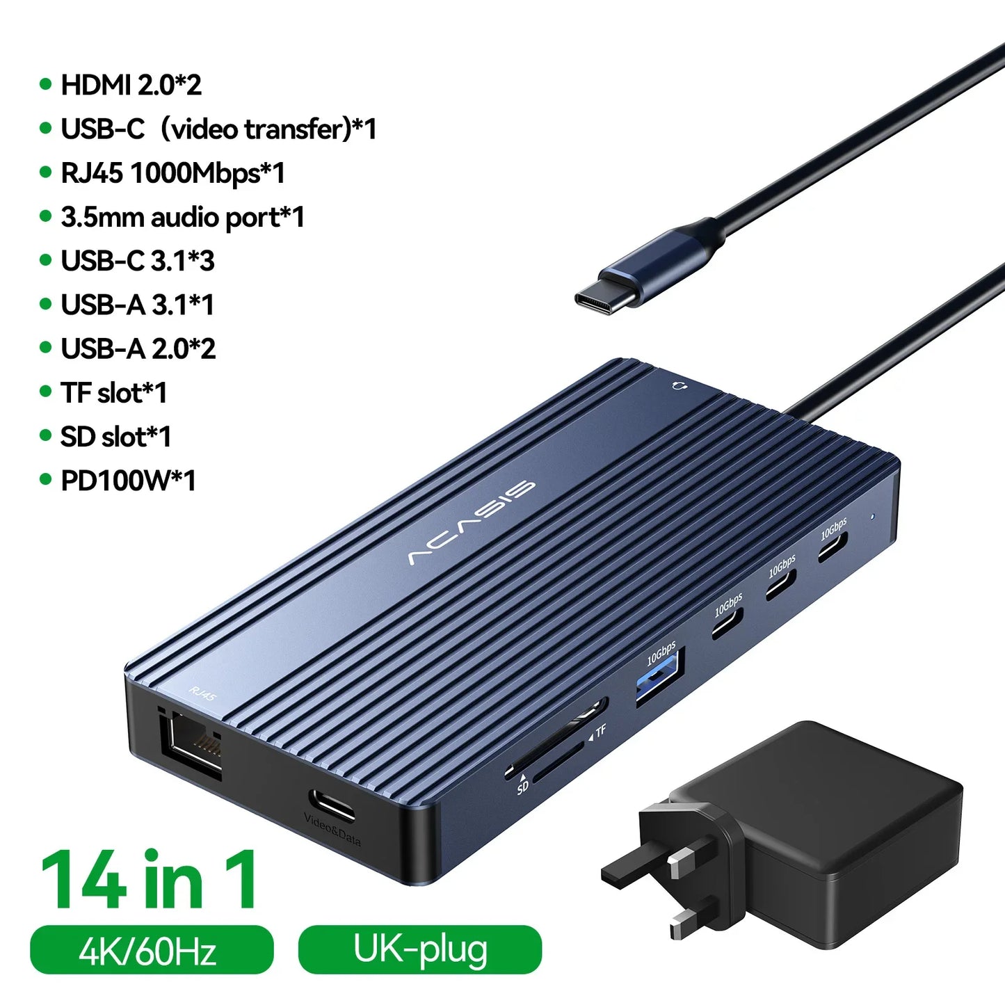 14-Port Docking Station with 1 USB-C and 13 USB-A Connectors