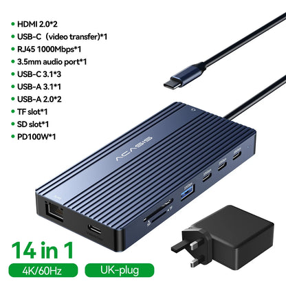 14-Port Docking Station with 1 USB-C and 13 USB-A Connectors