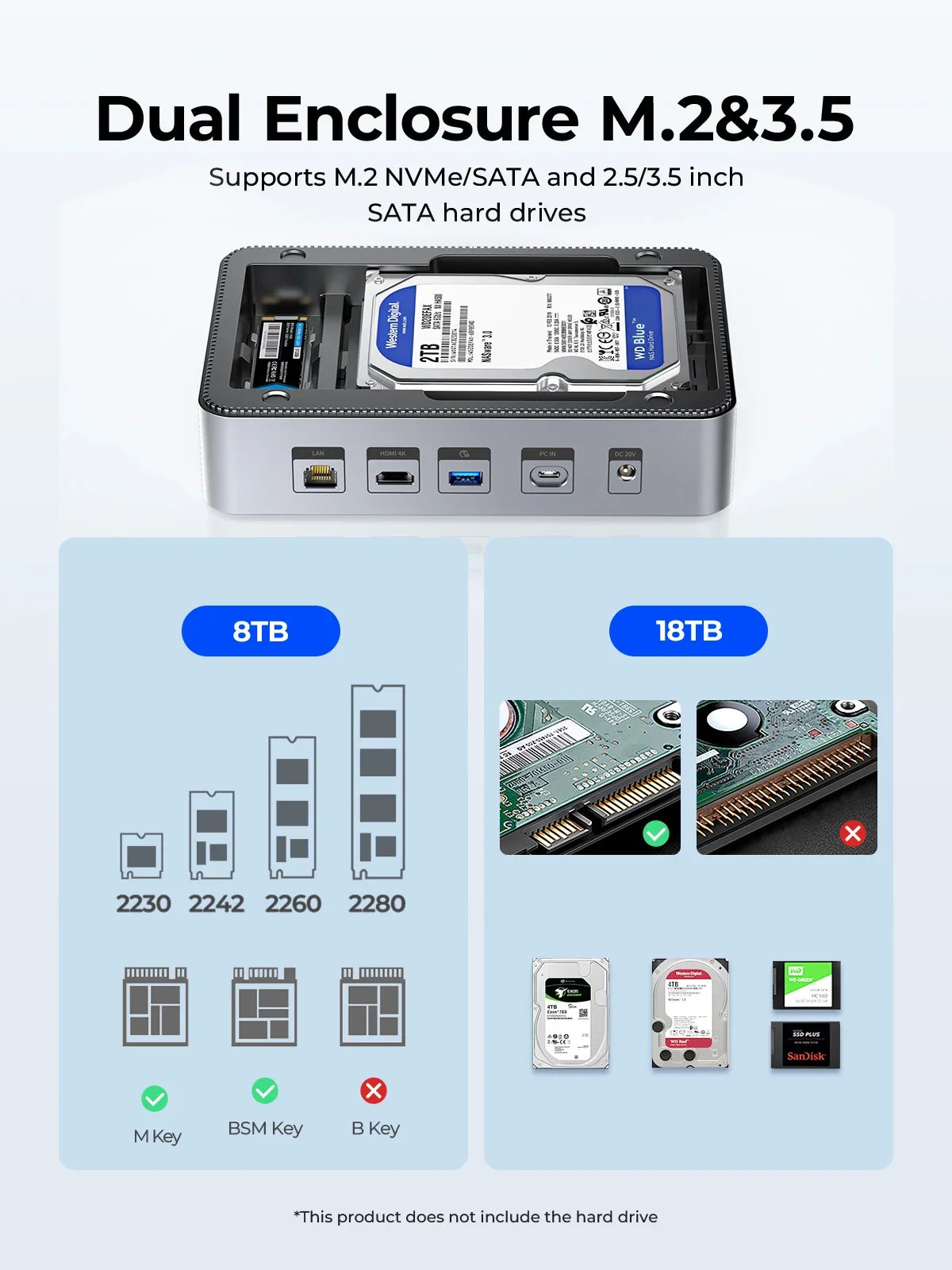 USB Hub with 10 Ports and Multiple Connection Options
