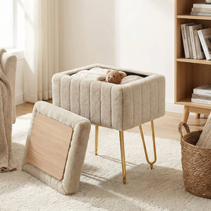 Vanity Stool with Faux Fur Upholstery for Storage