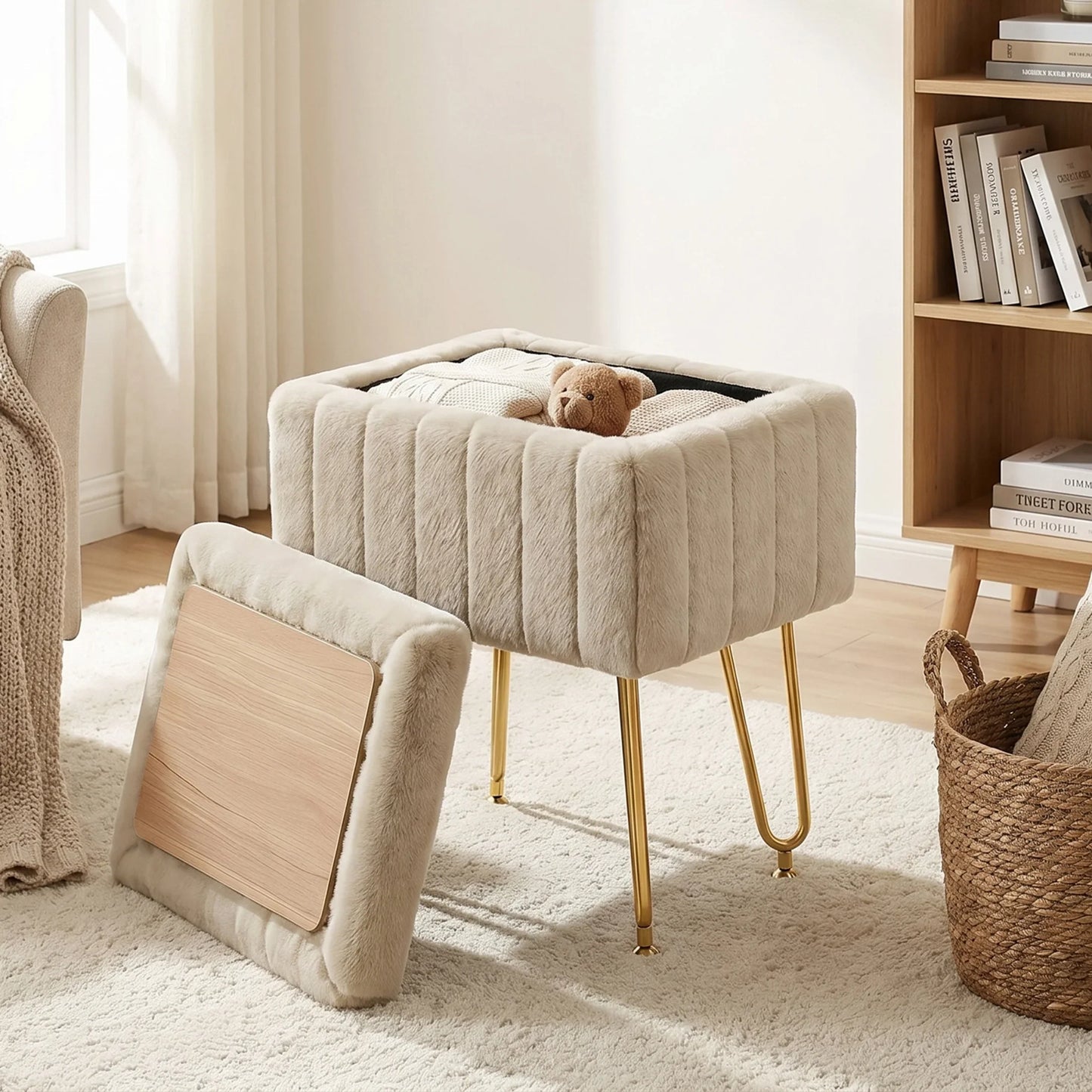 Vanity Stool with Faux Fur Upholstery for Storage