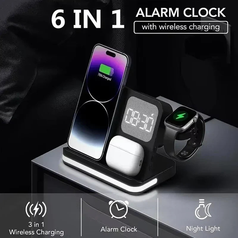 Wireless Charging Station with LED Clock – 6 Functions