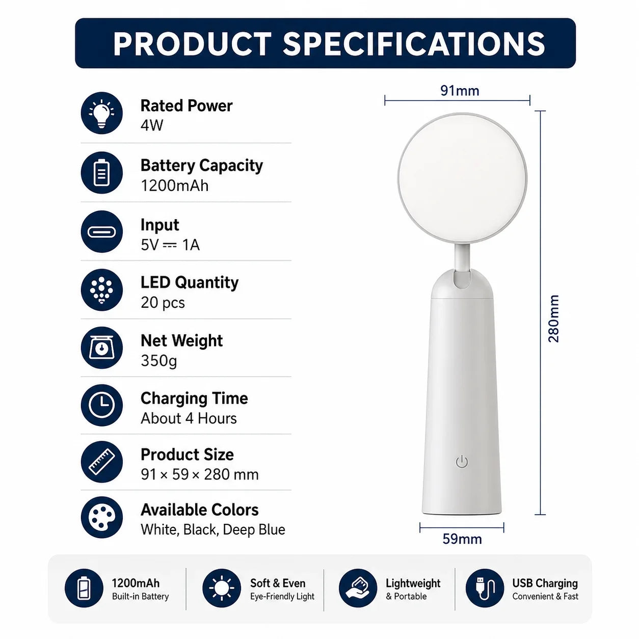 Touch-Controlled Desk Lamp with Round Head