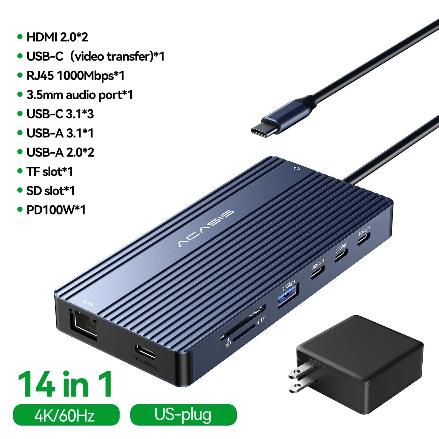 14-Port Docking Station with 1 USB-C and 13 USB-A Connectors