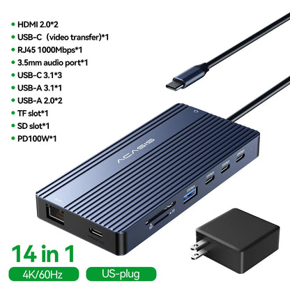 14-Port Docking Station with 1 USB-C and 13 USB-A Connectors
