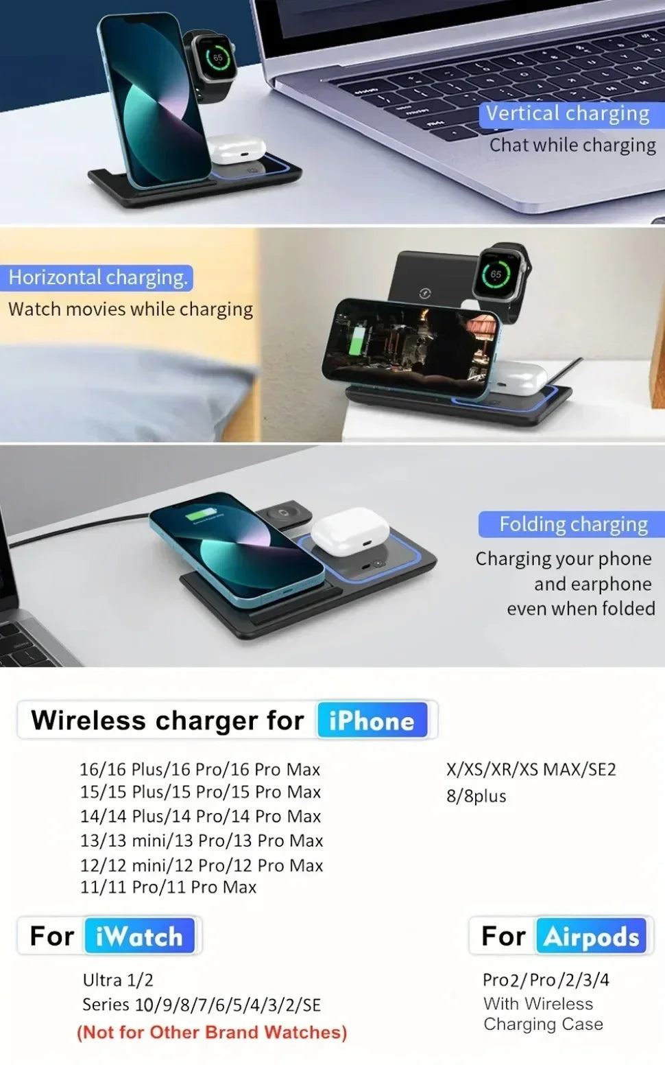 3-in-1 Wireless Charging Dock – Foldable and Versatile Charging Solution